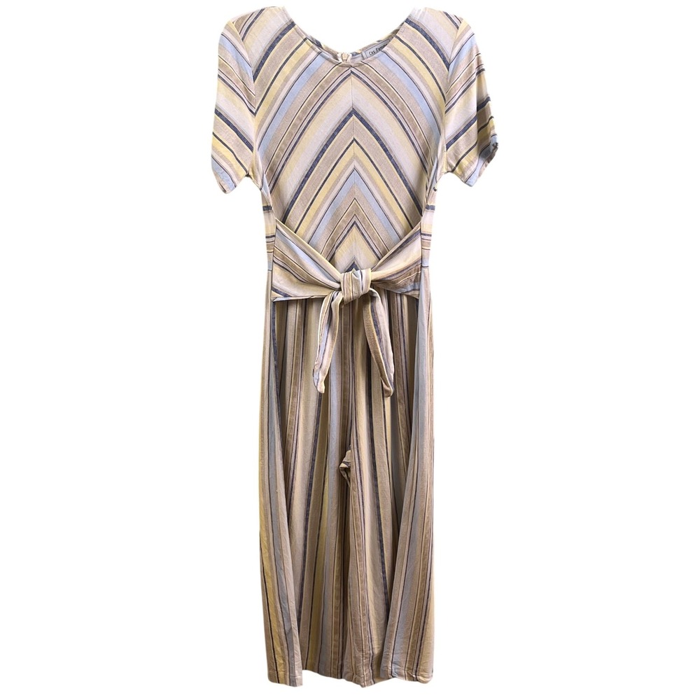 Ces Femme Linen Blend Tie Striped Wide Leg Jumpsuit Belted Boho Hippie Small USA